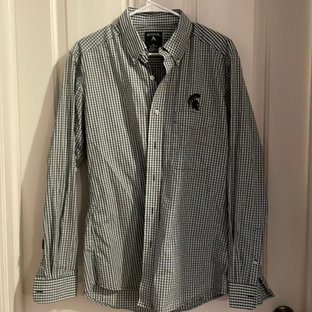 MSU Men’s size medium button down dress shirt plaid Antigua